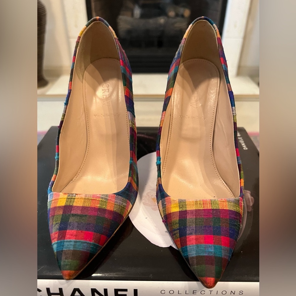 J. Crew Falsetto Madras Multicolor Plaid Dupioni Silk Pointed Toe Pumps, Size 6